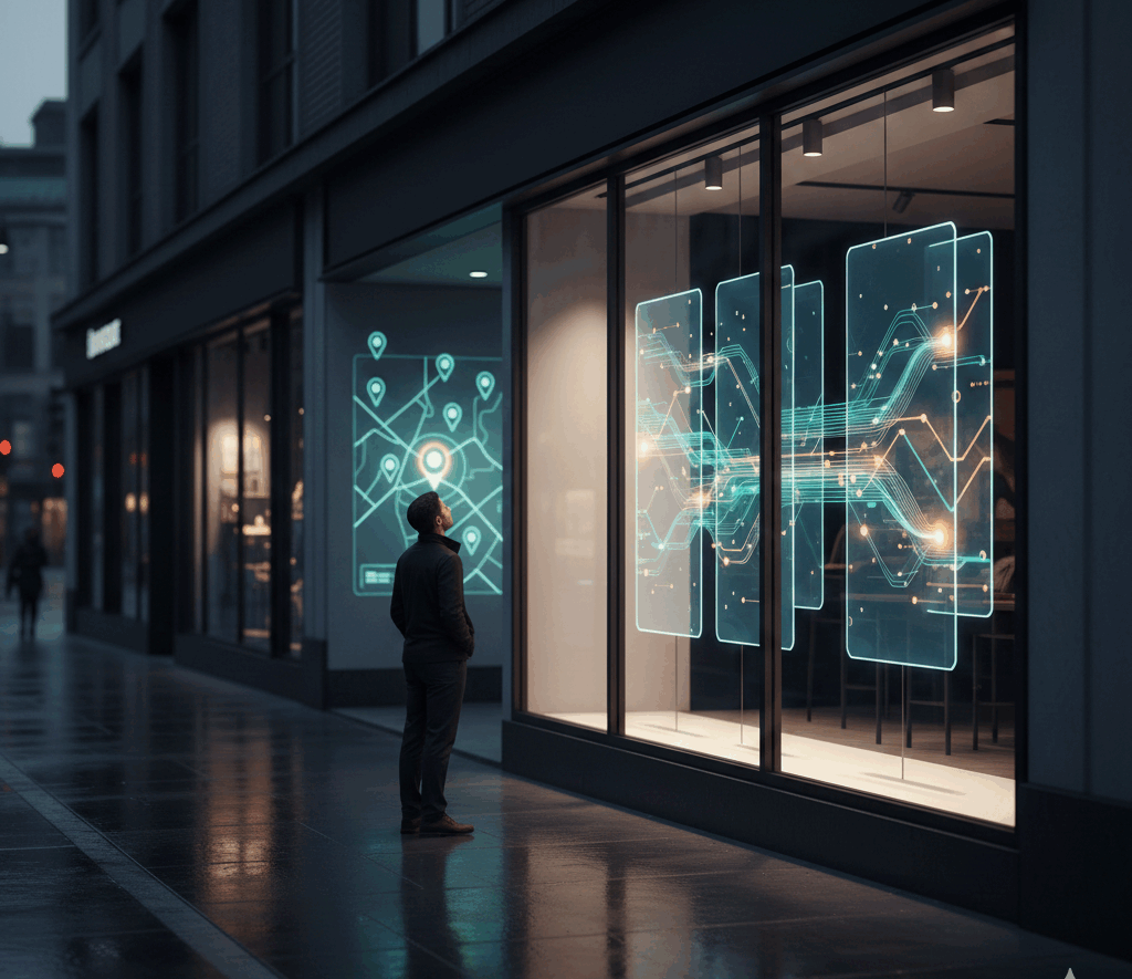 Modern bir şehir caddesinde, camında dijital harita pinleri ve netleşen veri akışları parlayan şık bir işletme vitrini.