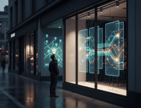 Modern bir şehir caddesinde, camında dijital harita pinleri ve netleşen veri akışları parlayan şık bir işletme vitrini.