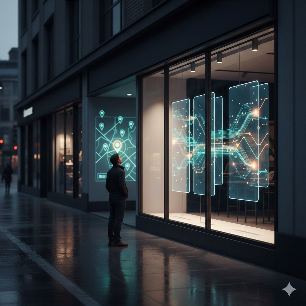Modern bir şehir caddesinde, camında dijital harita pinleri ve netleşen veri akışları parlayan şık bir işletme vitrini.