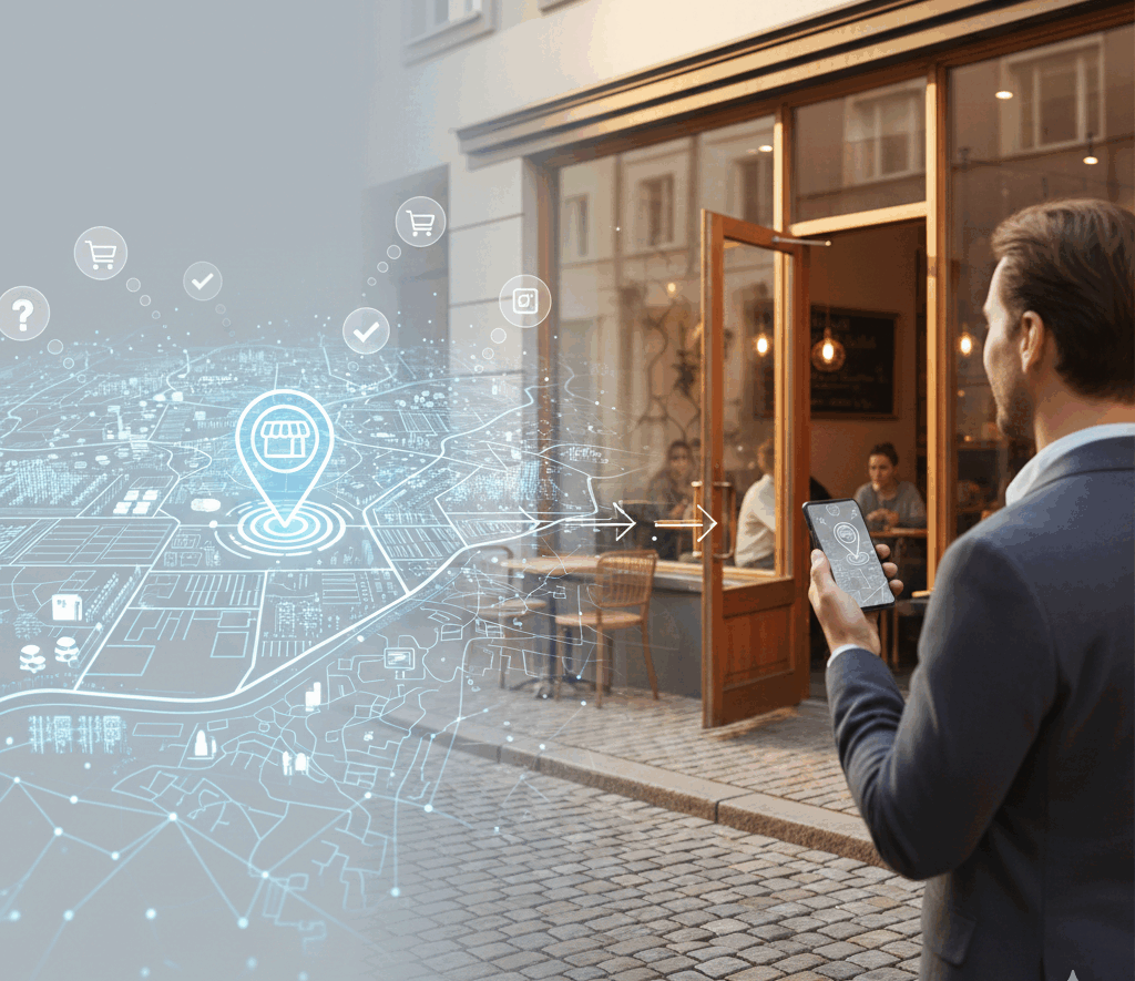 Bir dükkanın önünde elinde akıllı telefon tutan takım elbiseli bir adam ve havada asılı duran dijital harita üzerinde dükkan konumunu gösteren pin simgesi ile yerel reklam stratejisini temsil eden illüstrasyon.