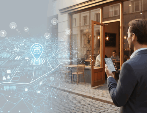 Bir dükkanın önünde elinde akıllı telefon tutan takım elbiseli bir adam ve havada asılı duran dijital harita üzerinde dükkan konumunu gösteren pin simgesi ile yerel reklam stratejisini temsil eden illüstrasyon.