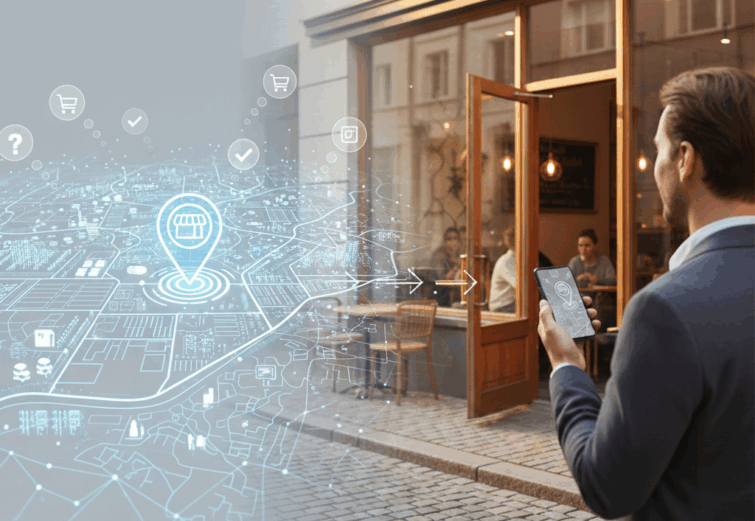 Bir dükkanın önünde elinde akıllı telefon tutan takım elbiseli bir adam ve havada asılı duran dijital harita üzerinde dükkan konumunu gösteren pin simgesi ile yerel reklam stratejisini temsil eden illüstrasyon.