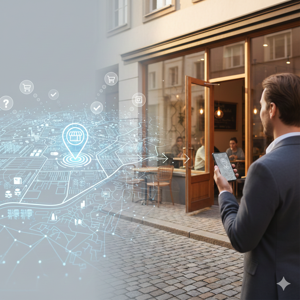 Bir dükkanın önünde elinde akıllı telefon tutan takım elbiseli bir adam ve havada asılı duran dijital harita üzerinde dükkan konumunu gösteren pin simgesi ile yerel reklam stratejisini temsil eden illüstrasyon.