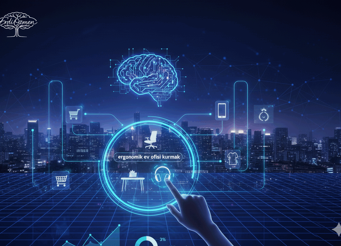 Gece şehir silueti üzerinde yükselen dijital bir beyin illüstrasyonu ve ön planda "ergonomik ev ofisi kurmak" yazılı bir arama butonuna dokunan el. Etrafında e-ticaret ikonları ve veri grafikleri bulunan fütüristik yapay zekâ arayüzü.