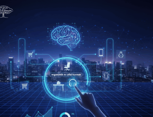 Gece şehir silueti üzerinde yükselen dijital bir beyin illüstrasyonu ve ön planda "ergonomik ev ofisi kurmak" yazılı bir arama butonuna dokunan el. Etrafında e-ticaret ikonları ve veri grafikleri bulunan fütüristik yapay zekâ arayüzü.