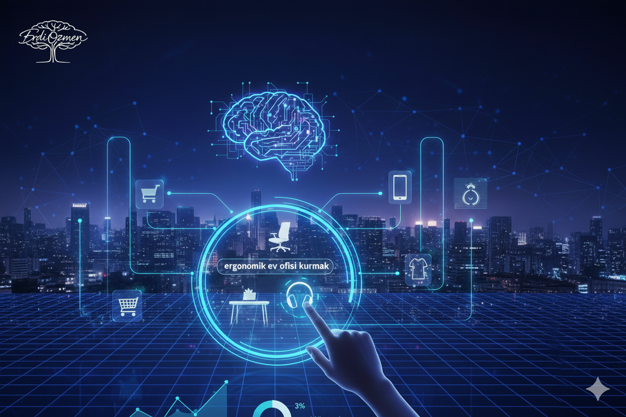 Gece şehir silueti üzerinde yükselen dijital bir beyin illüstrasyonu ve ön planda "ergonomik ev ofisi kurmak" yazılı bir arama butonuna dokunan el. Etrafında e-ticaret ikonları ve veri grafikleri bulunan fütüristik yapay zekâ arayüzü.